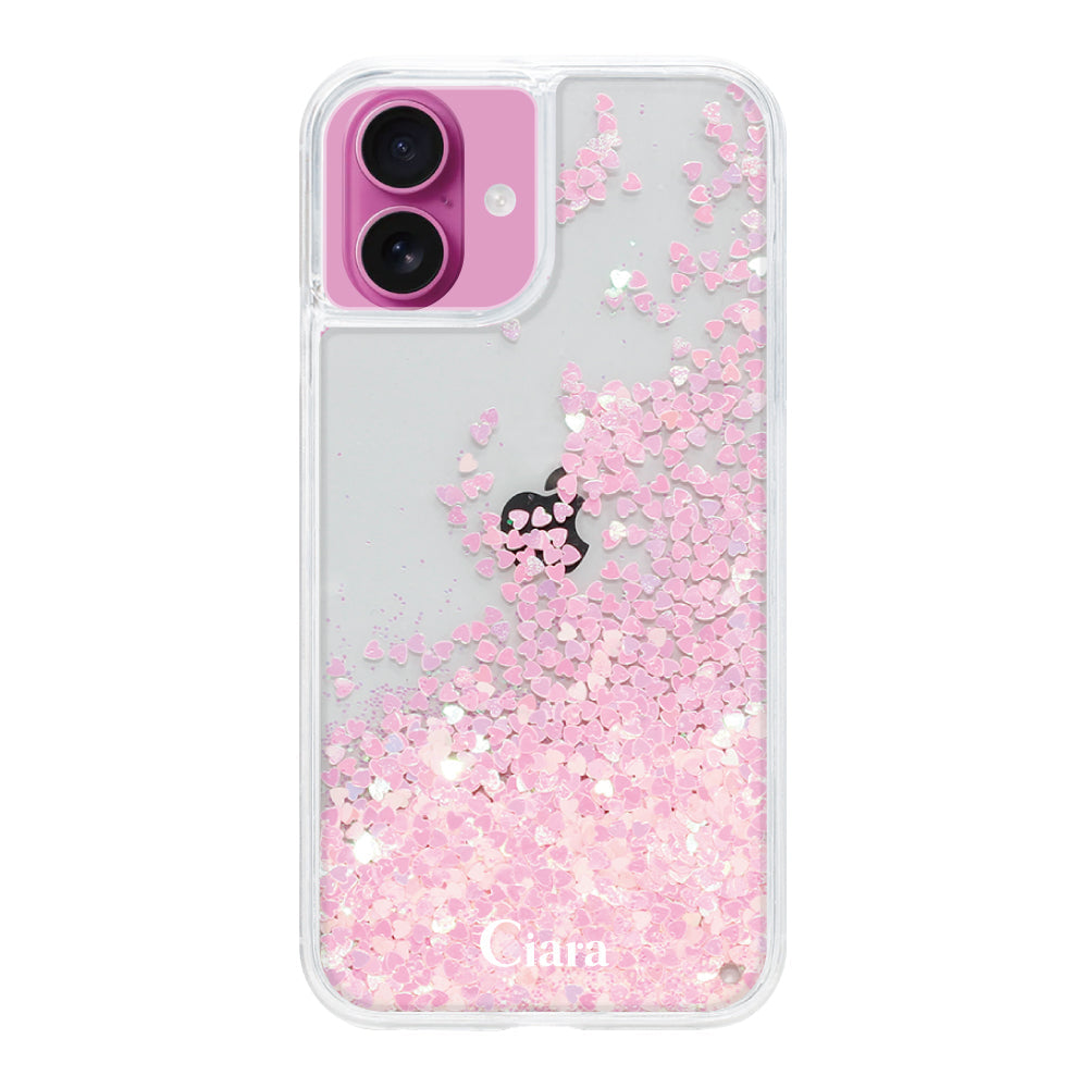 iPhone16 グリッター オイルクリアケース ロゴ ピンク