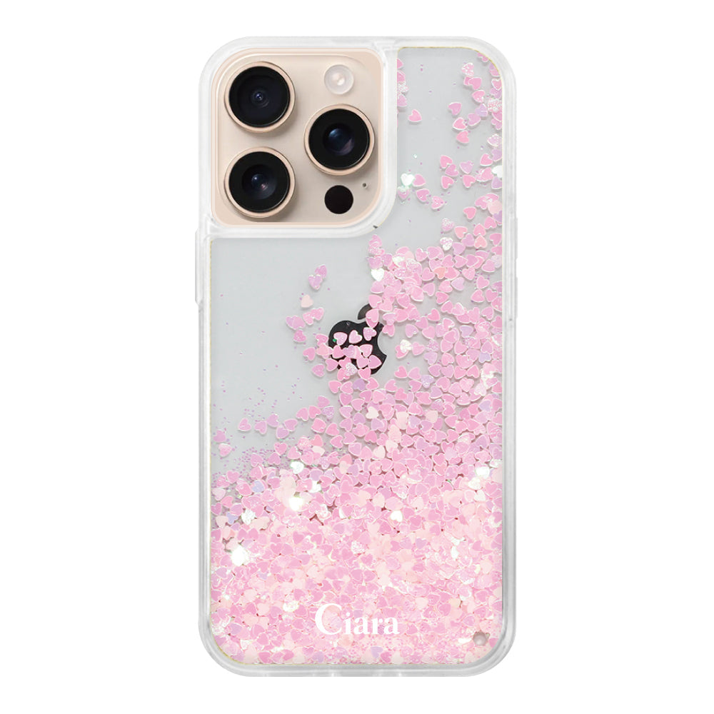 iPhone16Pro グリッター オイルクリアケース ロゴ ピンク