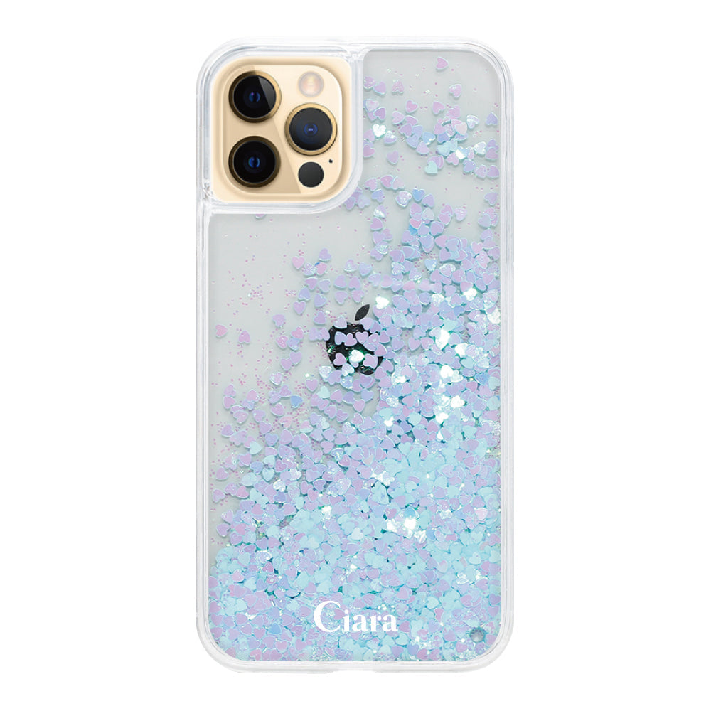iPhone11ProMax グリッター オイルクリアケース ロゴ ブルー