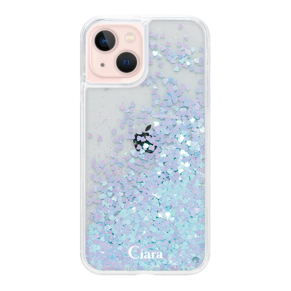 iPhone13 グリッター オイルクリアケース ロゴ ブルー