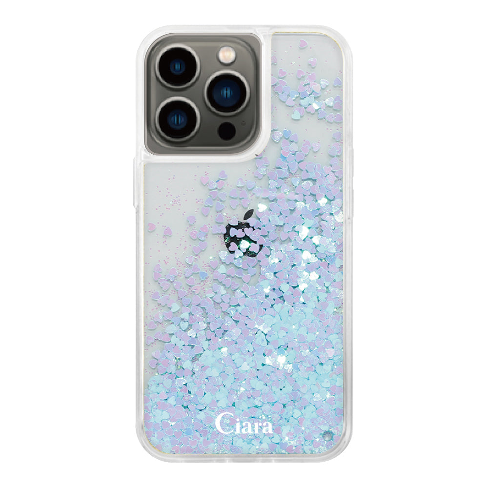 iPhone13Pro グリッター オイルクリアケース ロゴ ブルー