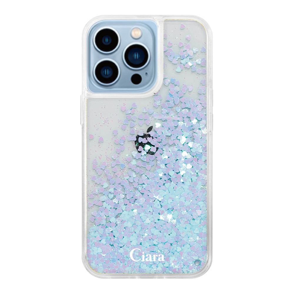 iPhone13ProMax グリッター オイルクリアケース ロゴ ブルー
