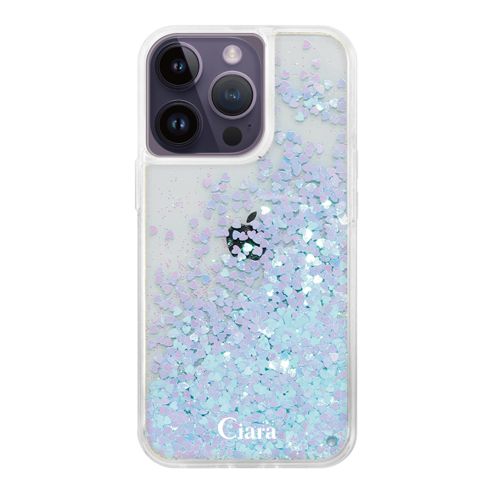iPhone14ProMax グリッター オイルクリアケース ロゴ ブルー