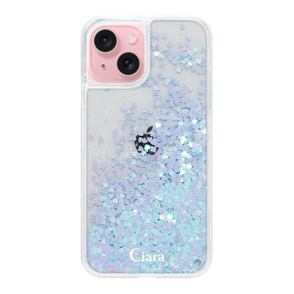 iPhone15 グリッター オイルクリアケース ロゴ ブルー