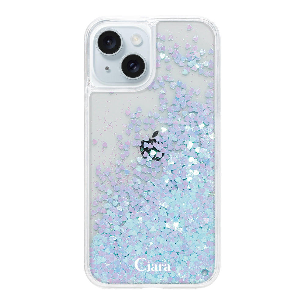 iPhone15Plus グリッター オイルクリアケース ロゴ ブルー