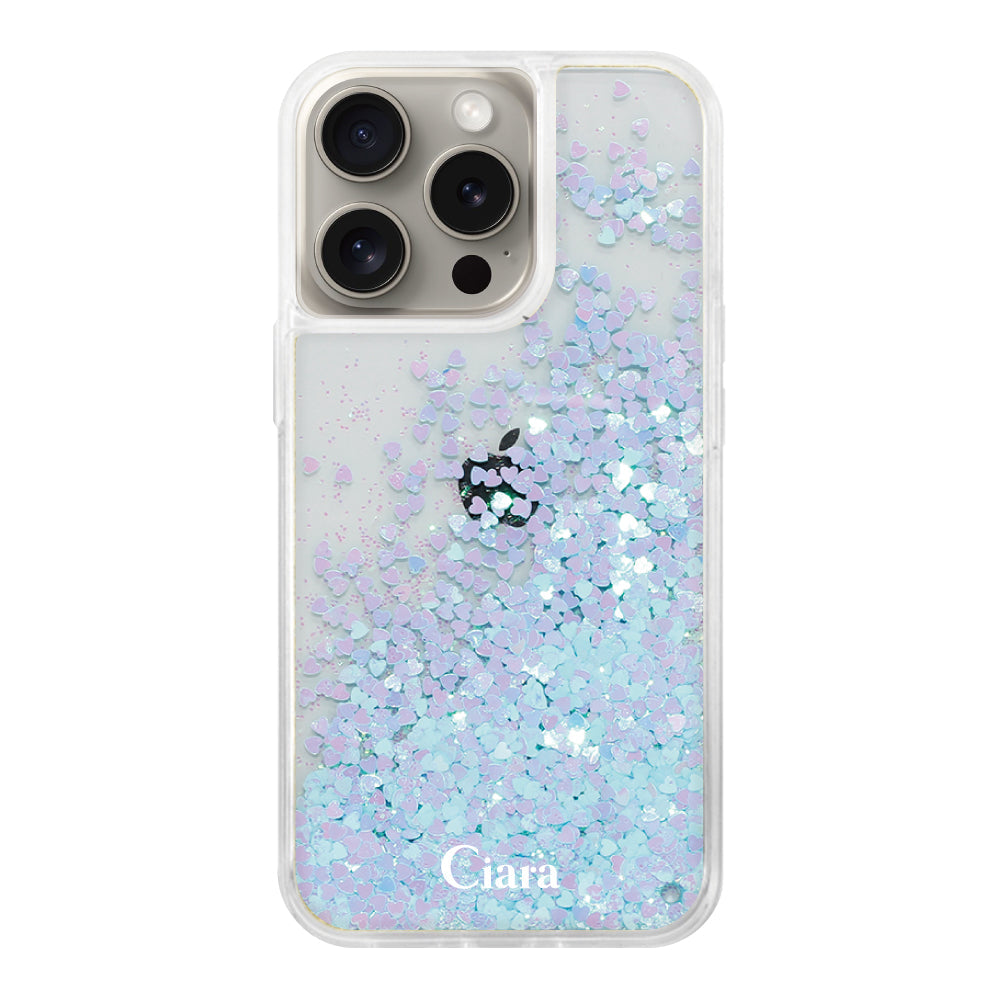 iPhone15Pro グリッター オイルクリアケース ロゴ ブルー
