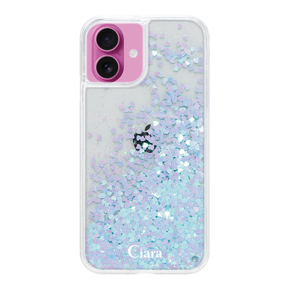 iPhone16 グリッター オイルクリアケース ロゴ ブルー
