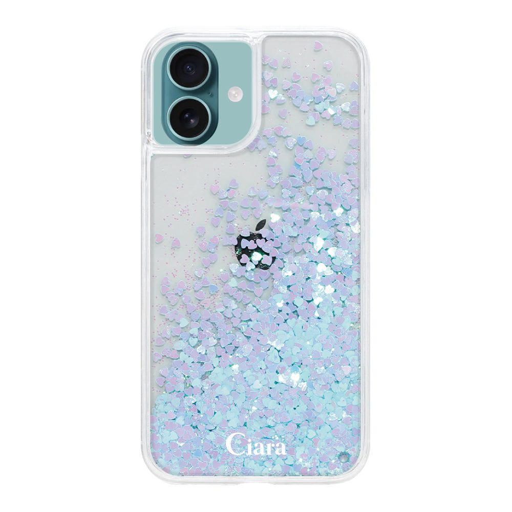 iPhone16Plus グリッター オイルクリアケース ロゴ ブルー