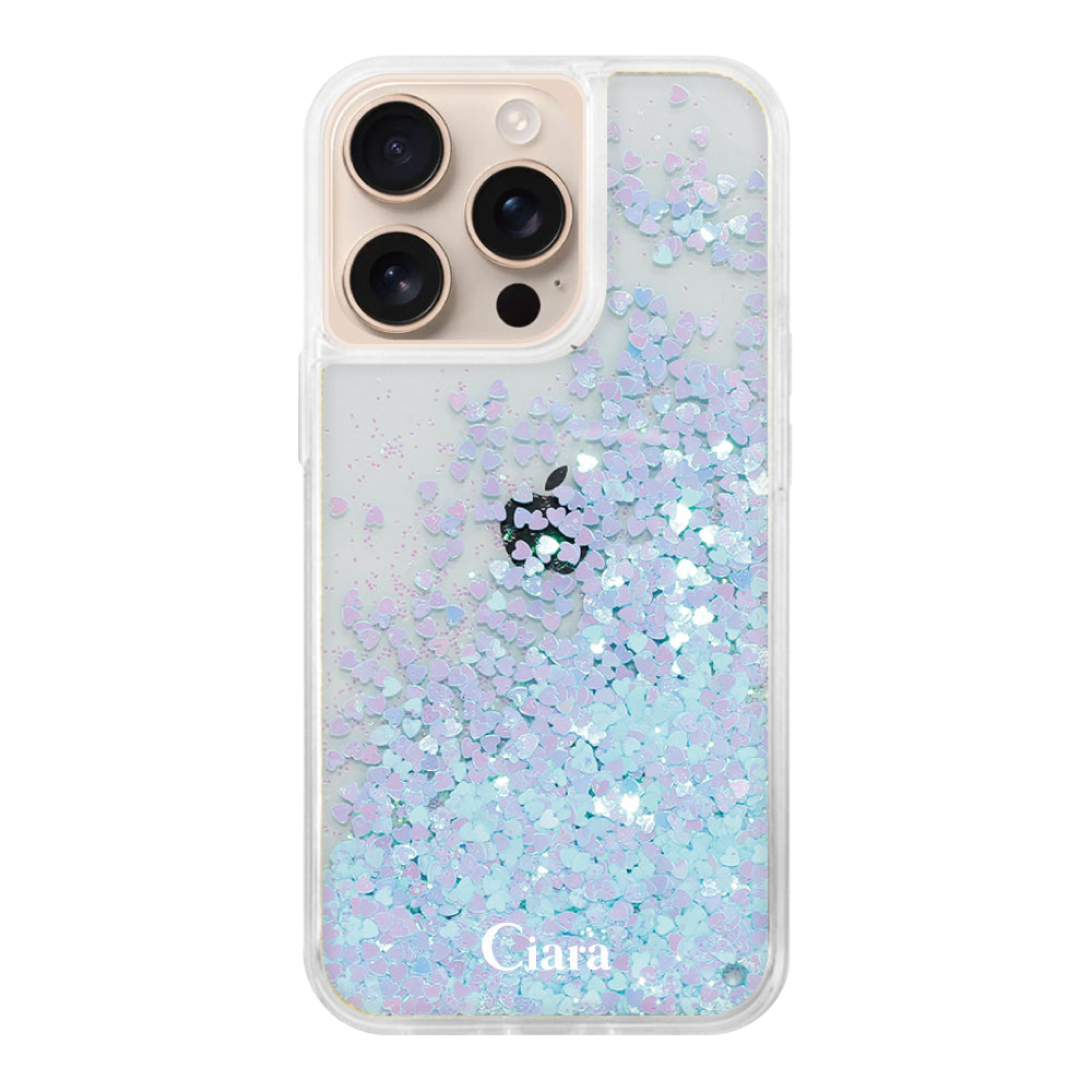 iPhone16Pro グリッター オイルクリアケース ロゴ ブルー