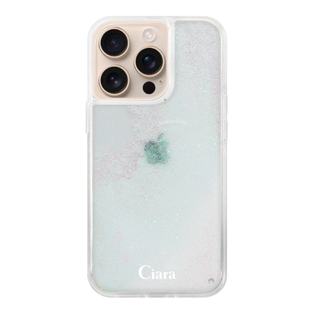 iPhone16Pro グリッター オイルクリアケース ロゴ ホワイト