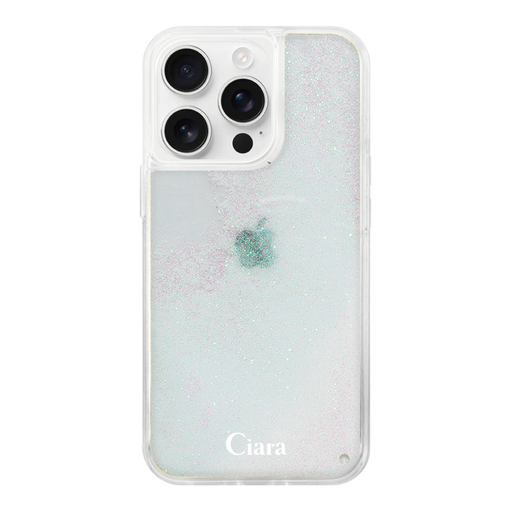 iPhone16ProMax グリッター オイルクリアケース ロゴ ホワイト