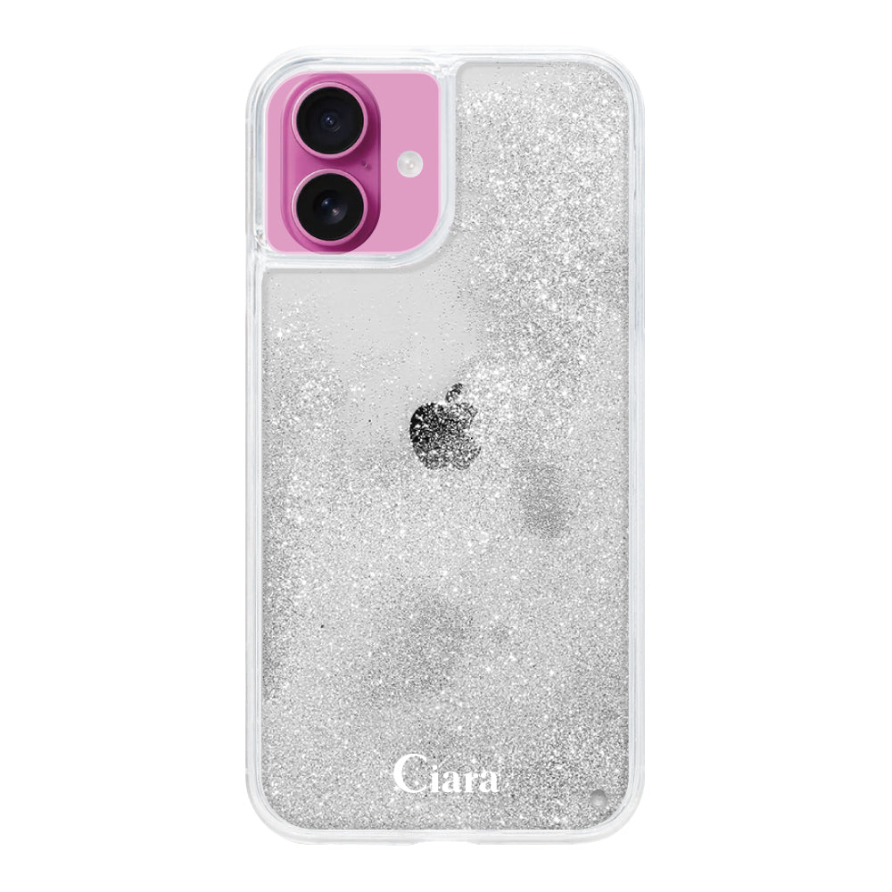 iPhone16 グリッター オイルクリアケース ロゴ シルバー
