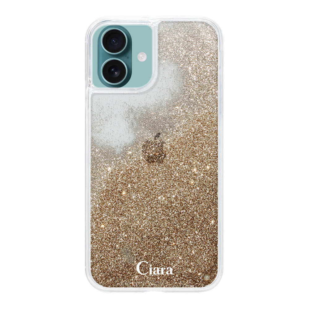 iPhone16Plus グリッター オイルクリアケース ロゴ ゴールド
