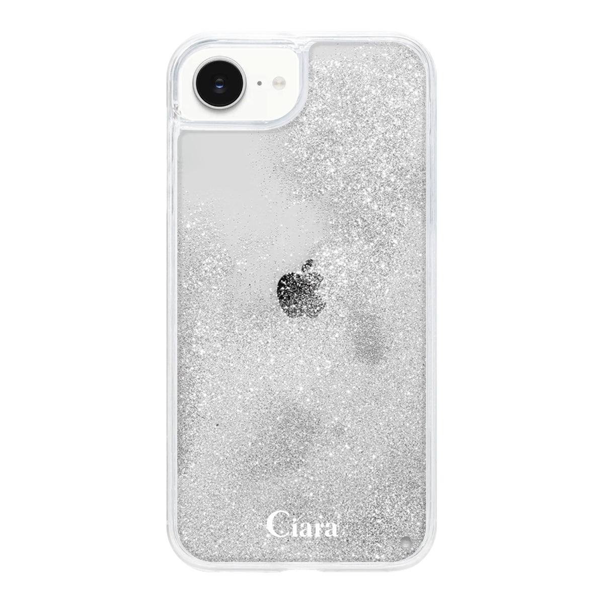 iPhone16e グリッター オイルクリアケース ロゴ シルバー