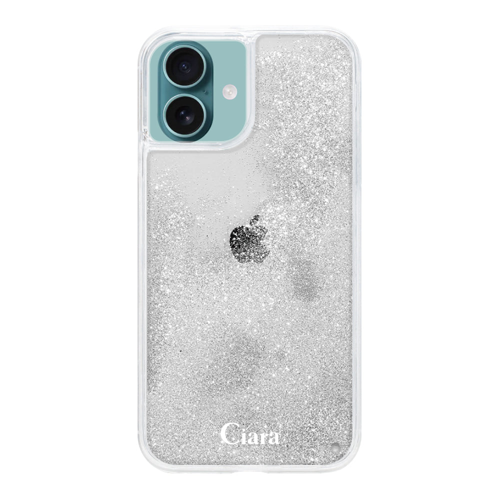 iPhone16Plus グリッター オイルクリアケース ロゴ シルバー