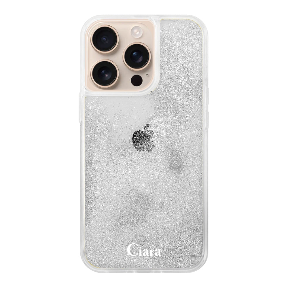 iPhone16Pro グリッター オイルクリアケース ロゴ シルバー