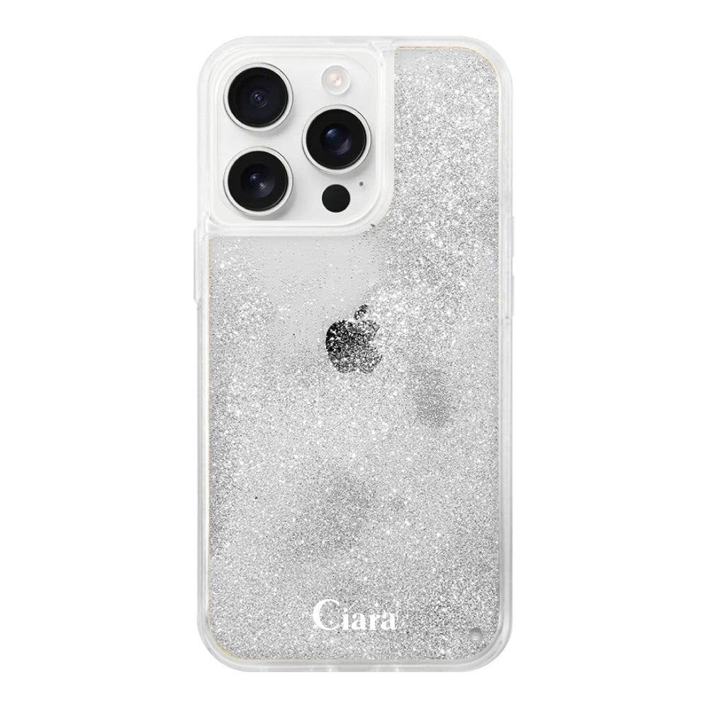 iPhone16ProMax グリッター オイルクリアケース ロゴ シルバー