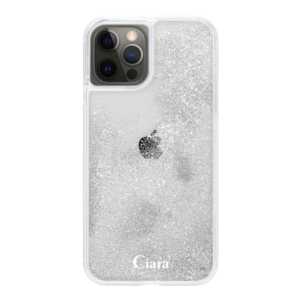 iPhoneX/XS グリッター オイルクリアケース ロゴ シルバー