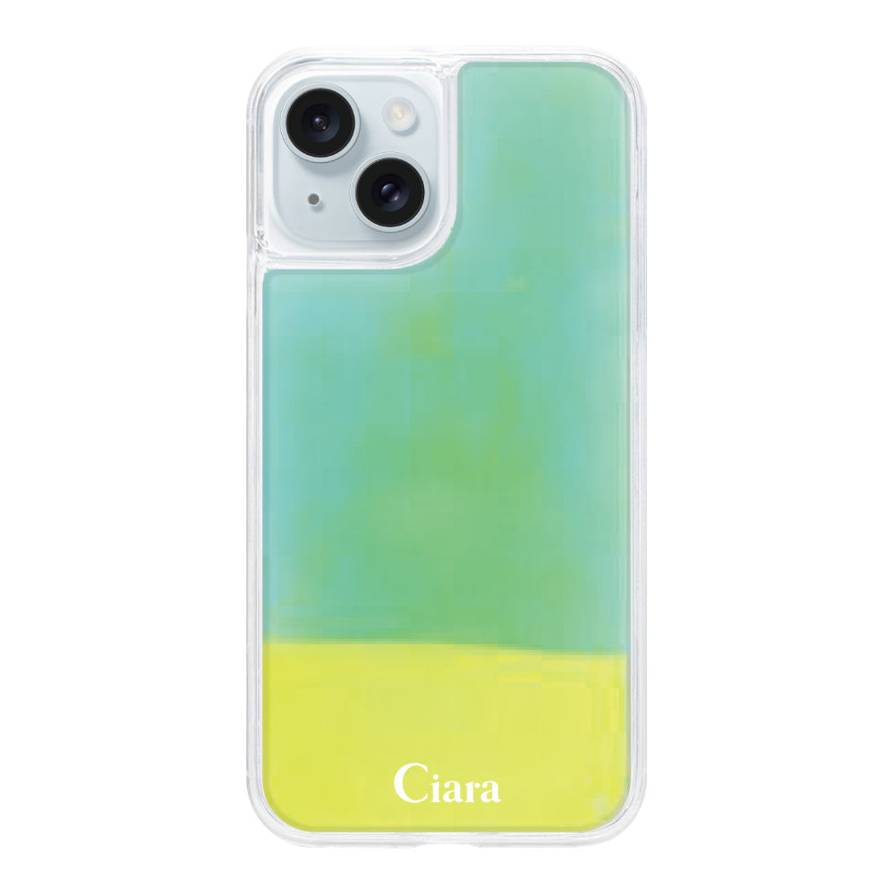 iPhone15Plusケース ネオンサンド オイルケース ロゴ イエロー/グリーン