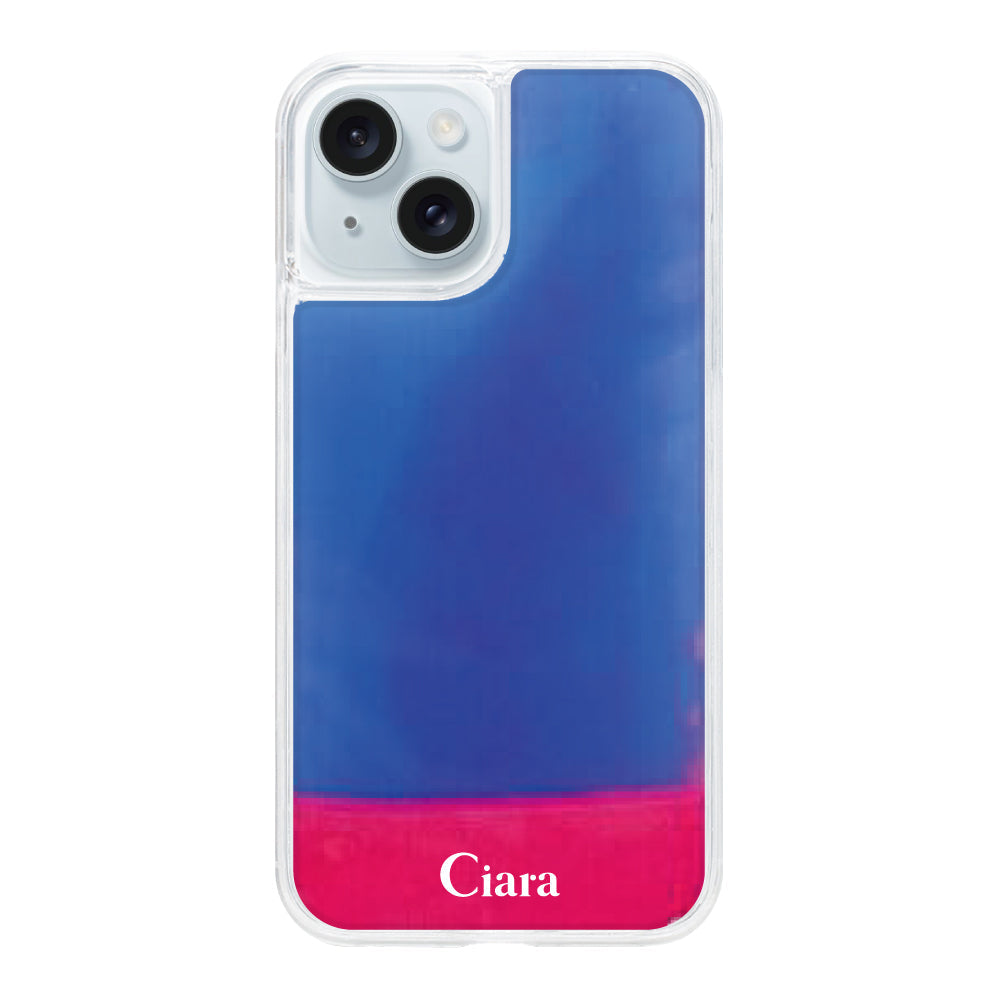 iPhone15Plusケース ネオンサンド オイルケース ロゴ ピンク/ブルー
