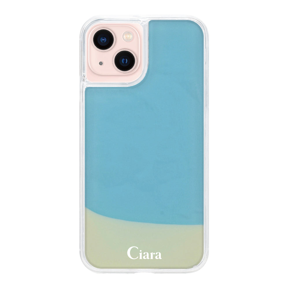 iPhone13ケース ネオンサンド オイルケース ロゴ ホワイト/ブルー