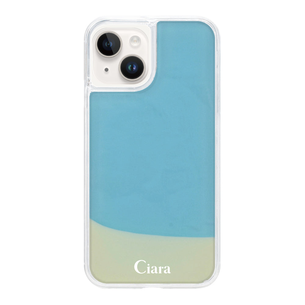 iPhone14ケース ネオンサンド オイルケース ロゴ ホワイト/ブルー