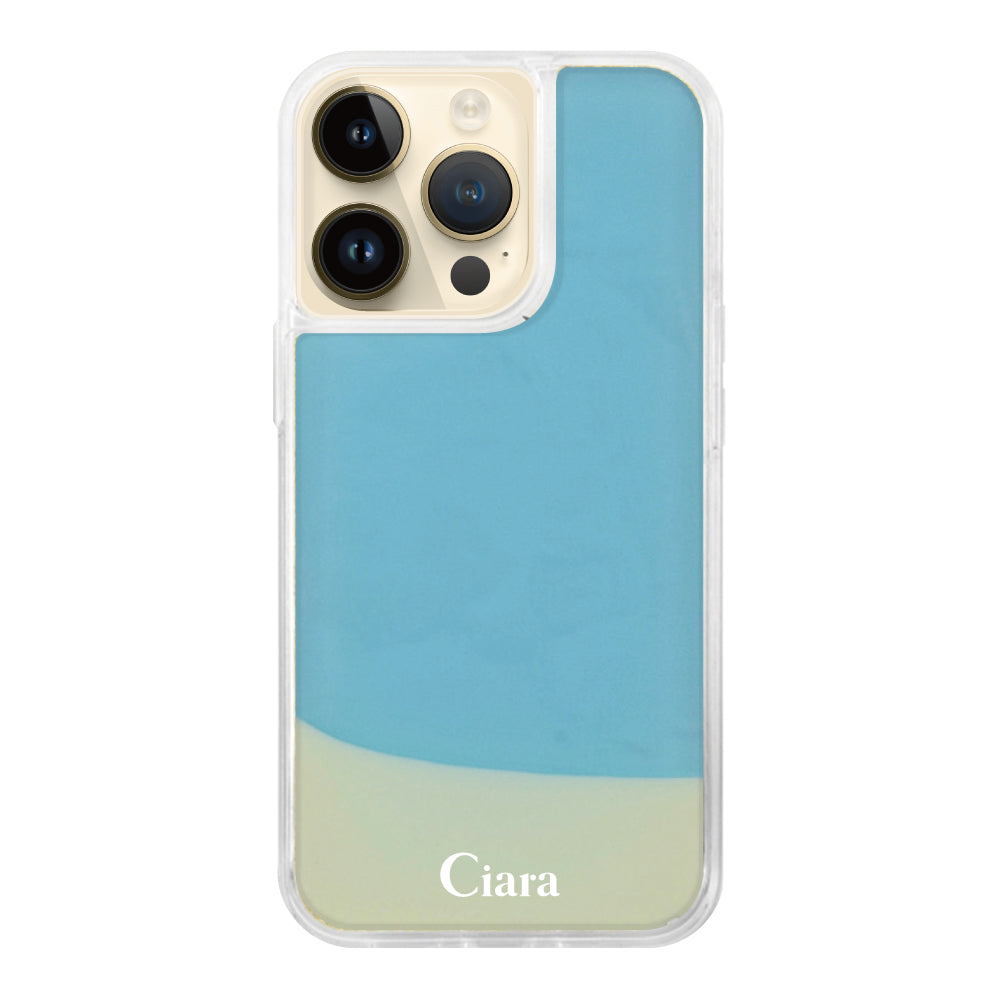 iPhone14Proケース ネオンサンド オイルケース ロゴ ホワイト/ブルー