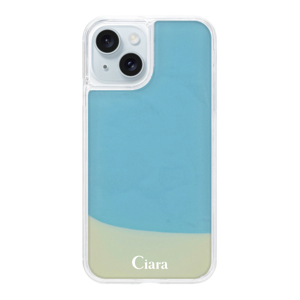 iPhone15Plusケース ネオンサンド オイルケース ロゴ ホワイト/ブルー