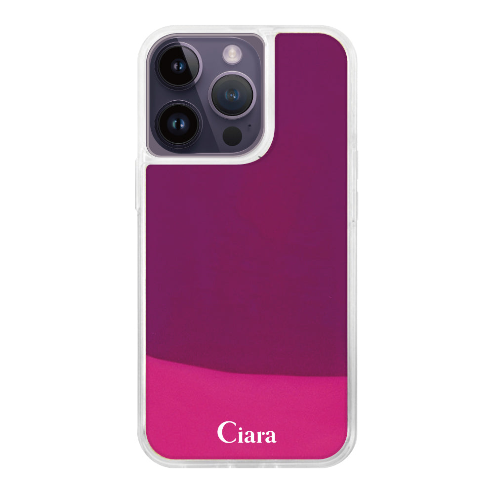 iPhone14ProMaxケース ネオンサンド オイルケース ロゴ ピンク/パープル