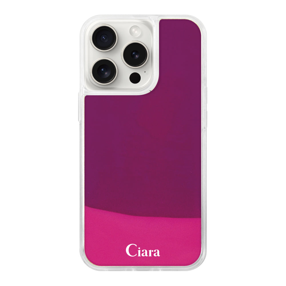 iPhone15ProMaxケース ネオンサンド オイルケース ロゴ ピンク/パープル