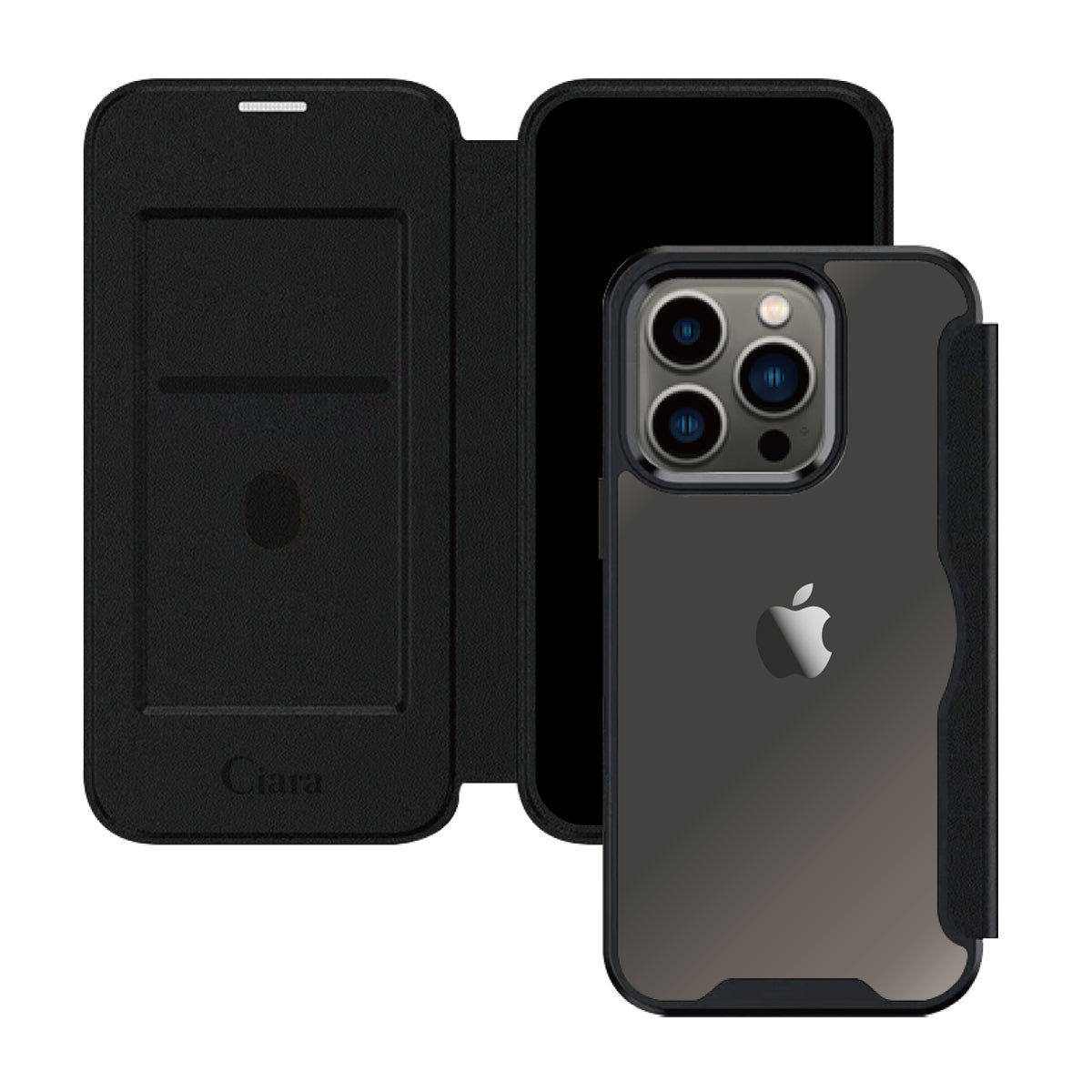 iPhone13Pro PUレザーフリップクリア手帳型 手帳型カード収納ケース ロゴ ブラック