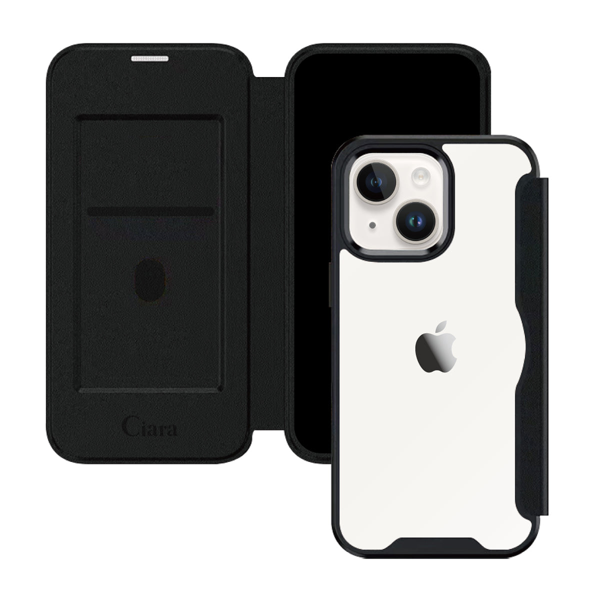 iPhone14/13 PUレザーフリップクリア手帳型 手帳型カード収納ケース ロゴ ブラック