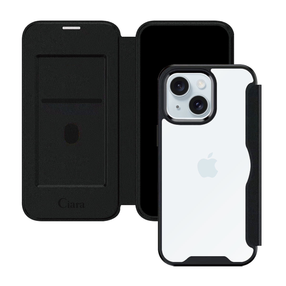 iPhone15Plus/14Plus PUレザーフリップクリア手帳型 手帳型カード収納ケース ロゴ ブラック