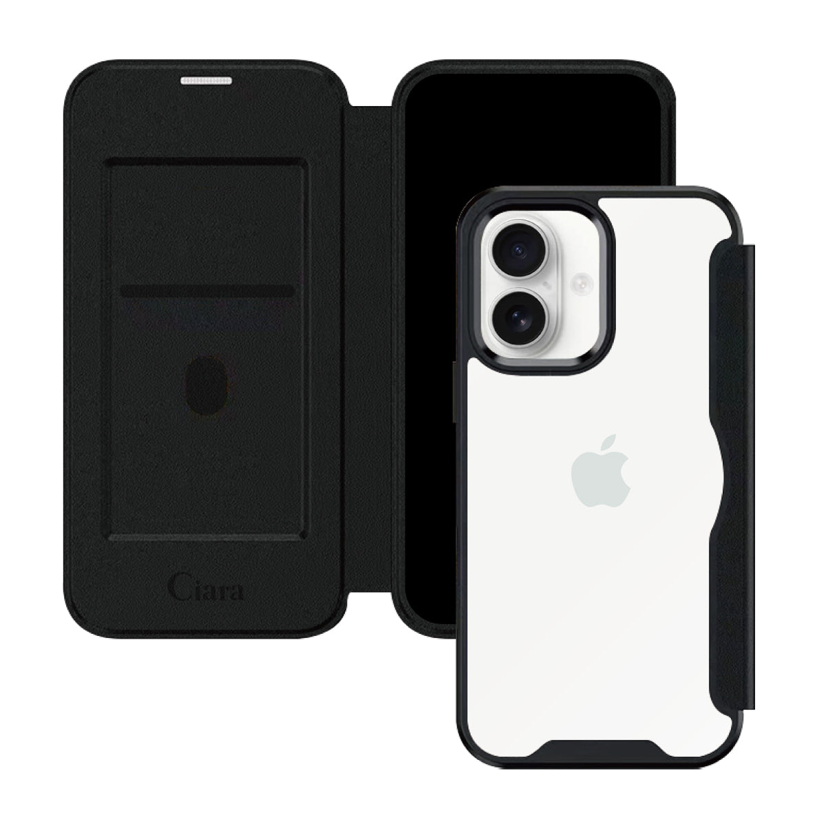 iPhone16 PUレザーフリップクリア手帳型 手帳型カード収納ケース ロゴ ブラック