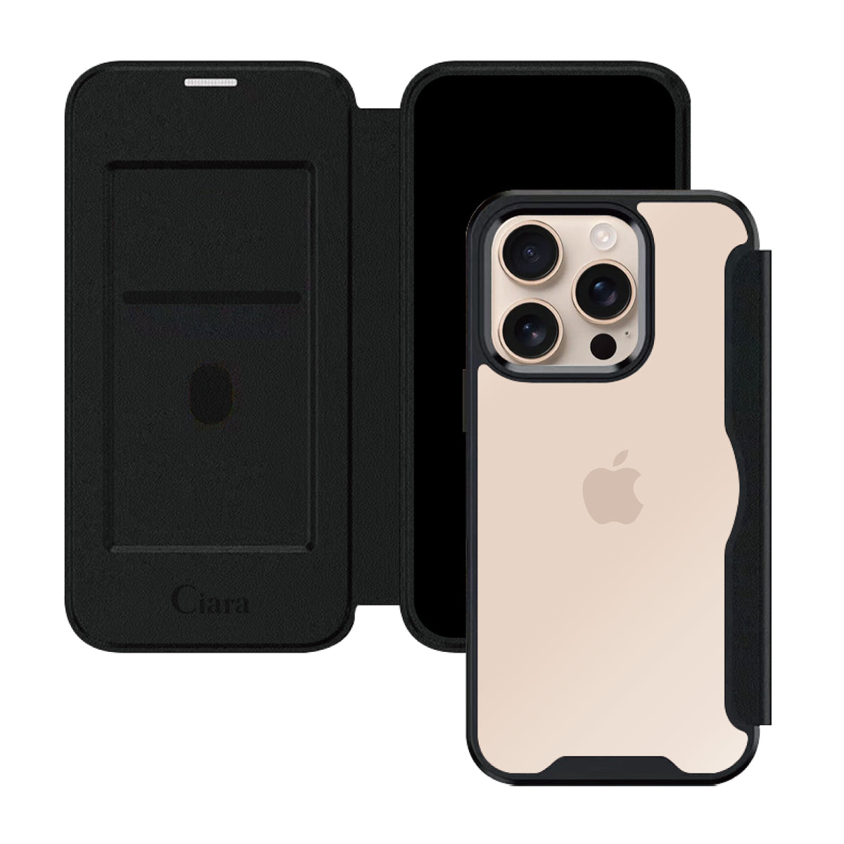 iPhone16Pro PUレザーフリップクリア手帳型 手帳型カード収納ケース ロゴ ブラック