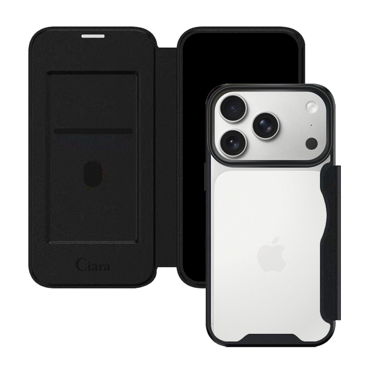 iPhone17Pro PUレザーフリップクリア手帳型 手帳型カード収納ケース ロゴ ブラック