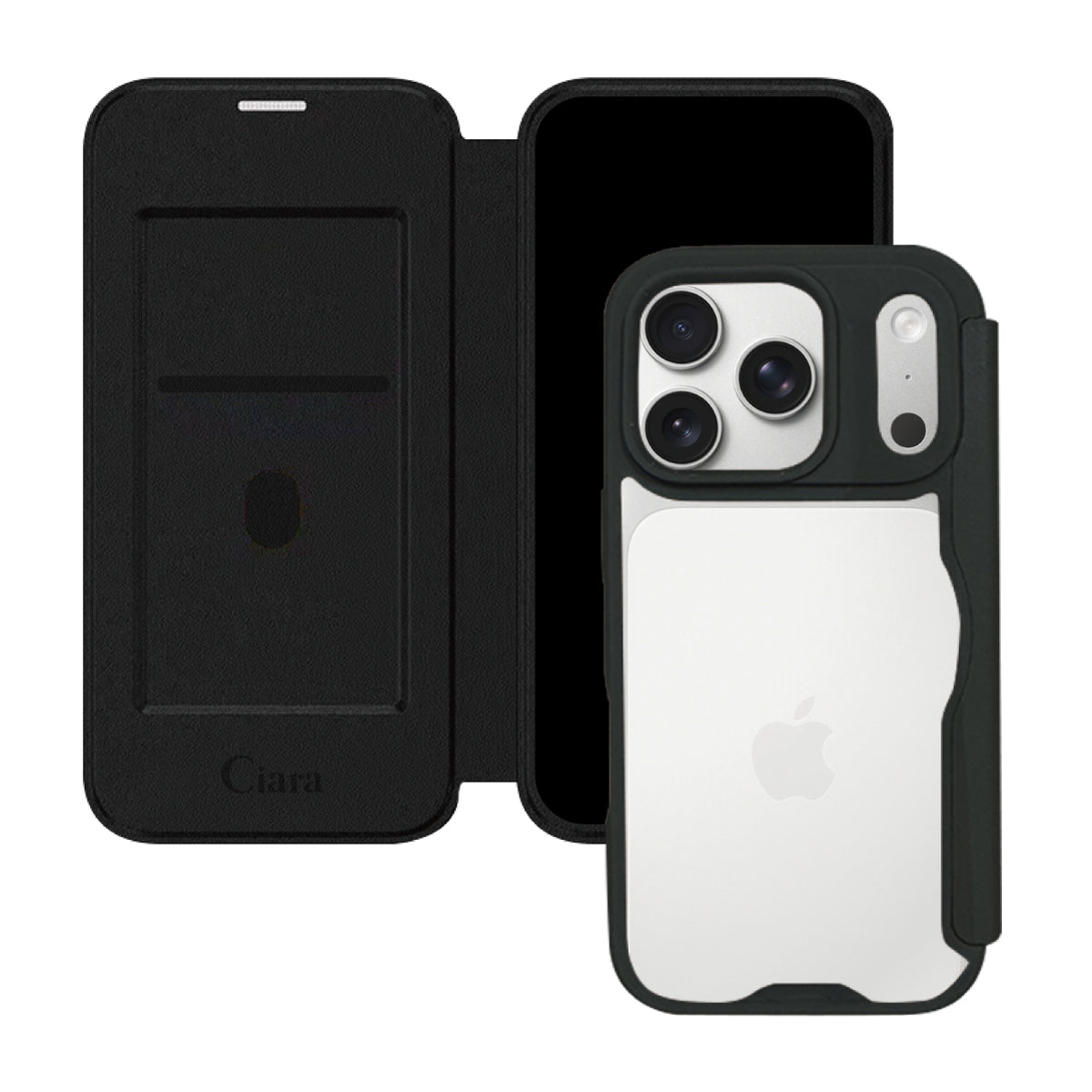 iPhone17Pro PUレザーフリップクリア手帳型 手帳型カード収納ケース ロゴ ブラック