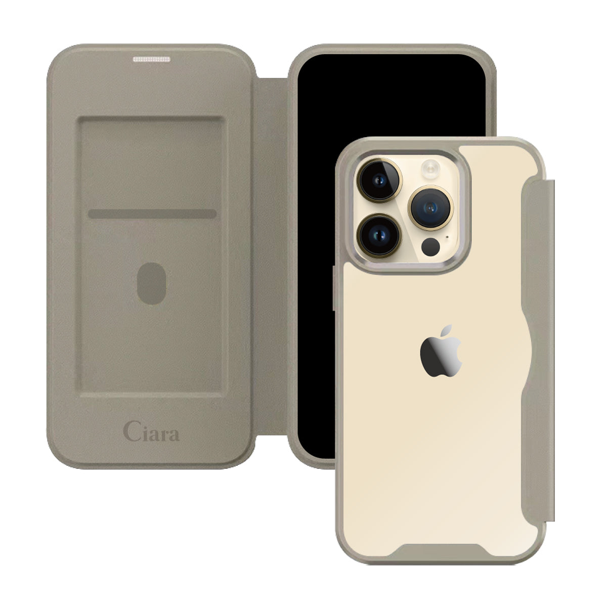 iPhone14Pro PUレザーフリップクリア手帳型 手帳型カード収納ケース ロゴ ベージュ