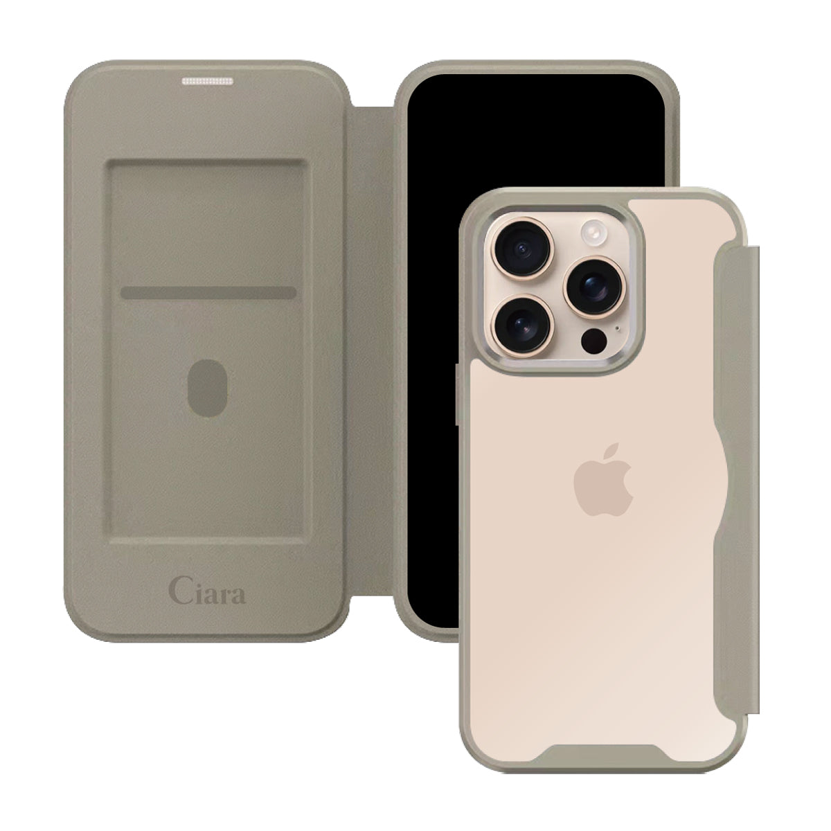 iPhone16Pro PUレザーフリップクリア手帳型 手帳型カード収納ケース ロゴ ベージュ