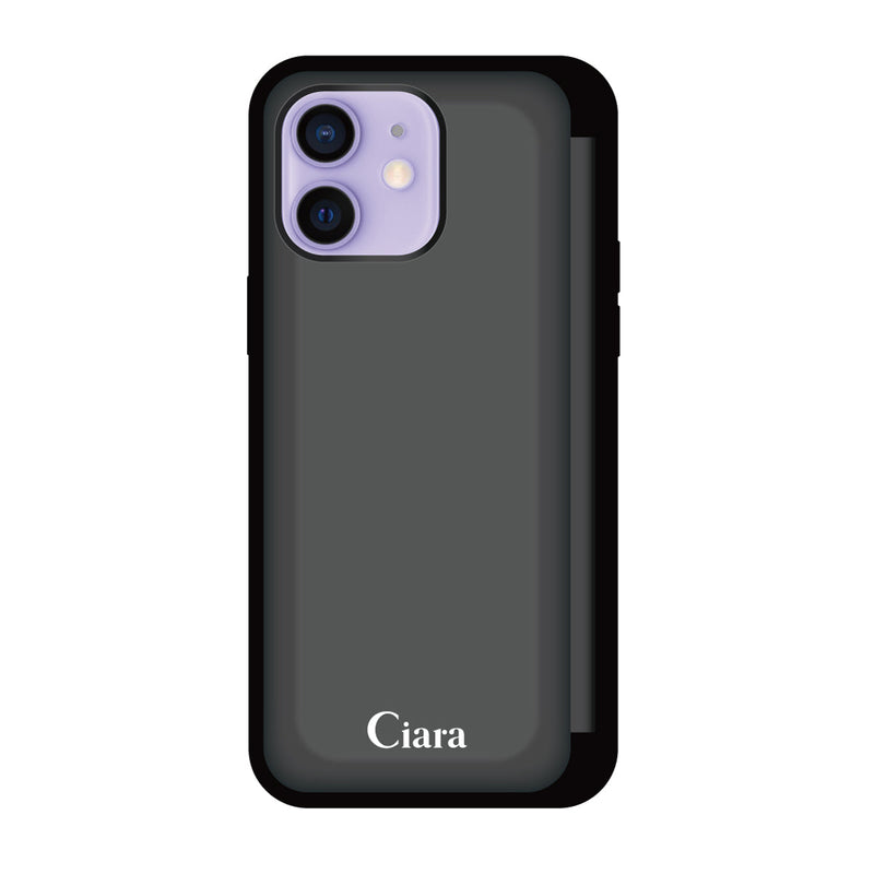 iPhoneケース バックフリップカード収納ミラー付きケース ロゴ