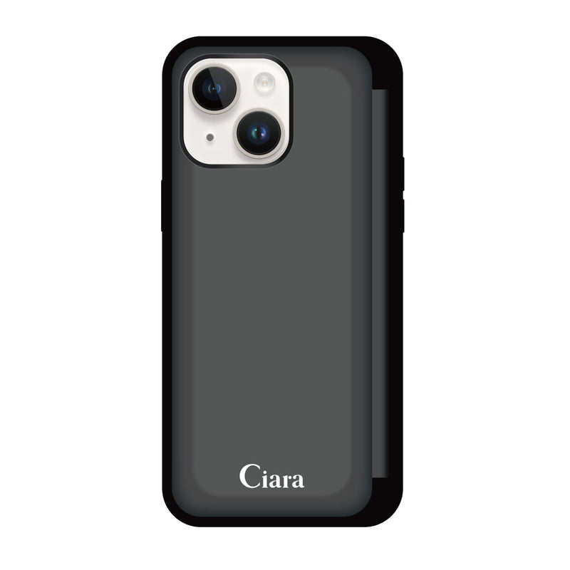 iPhoneケース バックフリップカード収納ミラー付きケース ロゴ