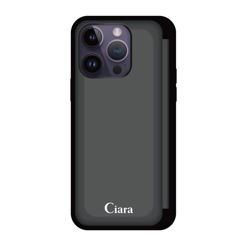 iPhoneケース バックフリップカード収納ミラー付きケース ロゴ