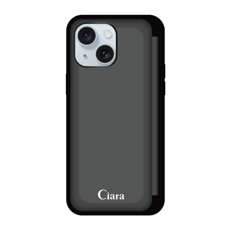 iPhoneケース バックフリップカード収納ミラー付きケース ロゴ