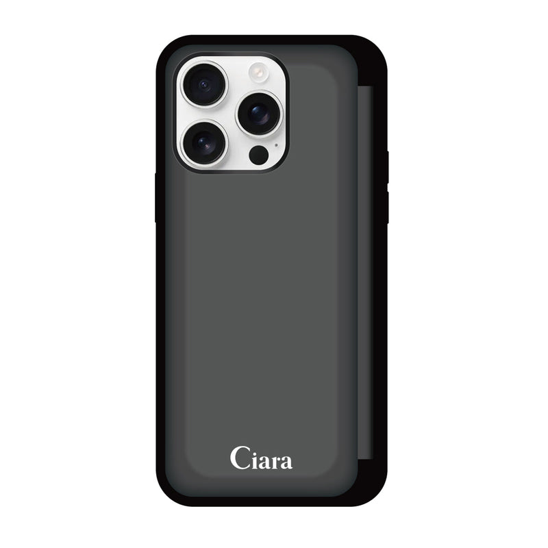 iPhoneケース バックフリップカード収納ミラー付きケース ロゴ