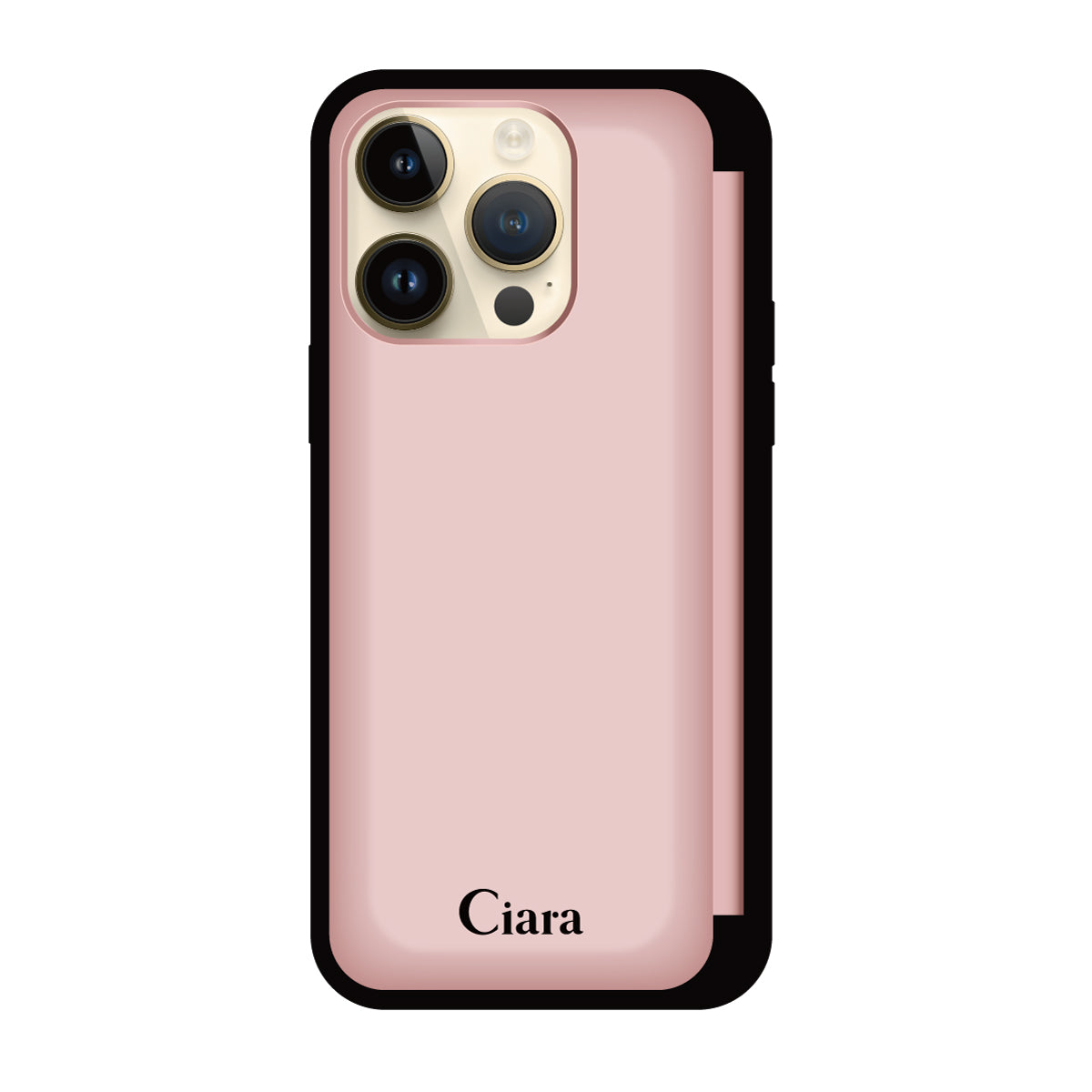 iPhone14Pro バックフリップカード収納ミラー付き カード収納ミラー付きケース ロゴ ピンク