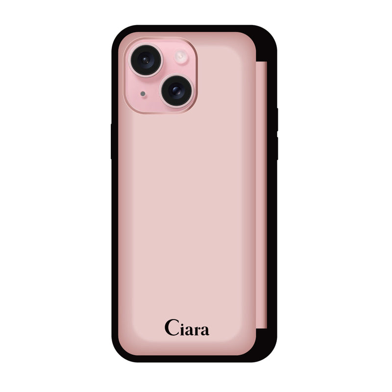 iPhoneケース バックフリップカード収納ミラー付きケース ロゴ