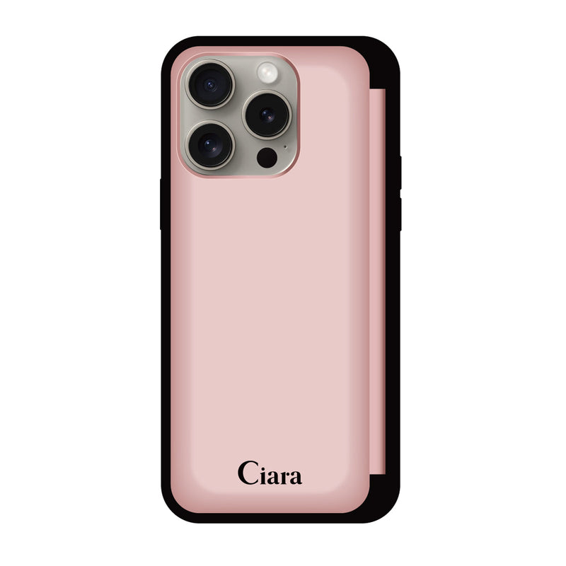 iPhoneケース バックフリップカード収納ミラー付きケース ロゴ