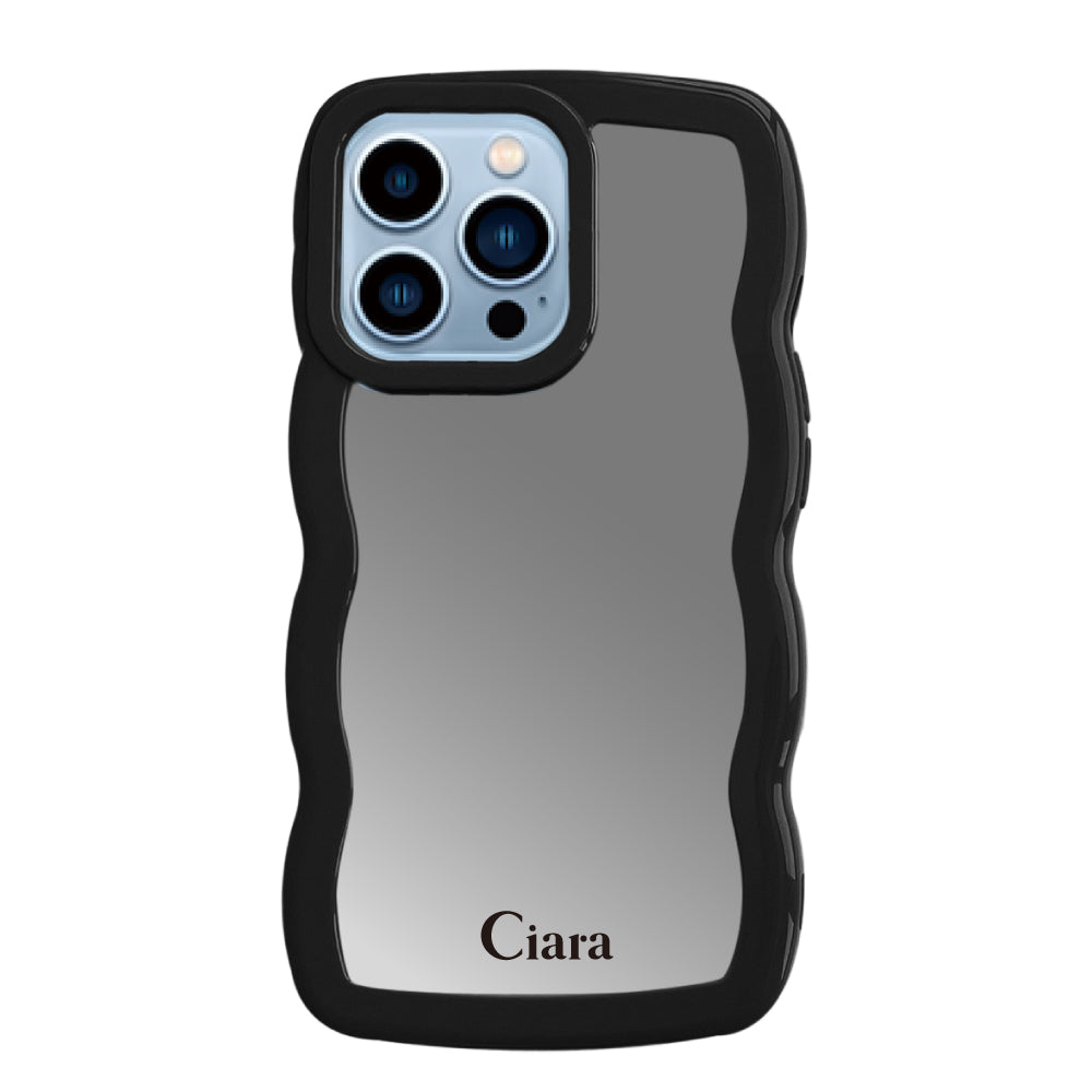 iPhone13ProMaxケース ウェーブ ミラーケース ロゴ ブラック