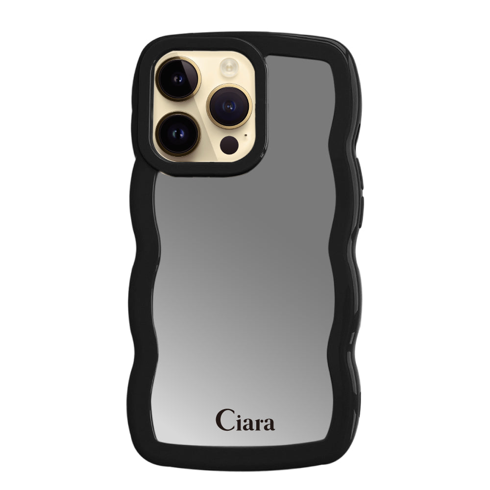 iPhone14Proケース ウェーブ ミラーケース ロゴ ブラック