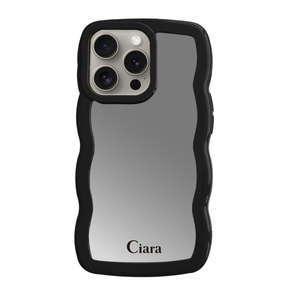 iPhone15Proケース ウェーブ ミラーケース ロゴ ブラック